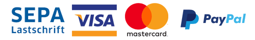 Logos von SEPA Lastschrift, Kreditkarte VISA, mastercard und PayPal Zahlungsanbieter